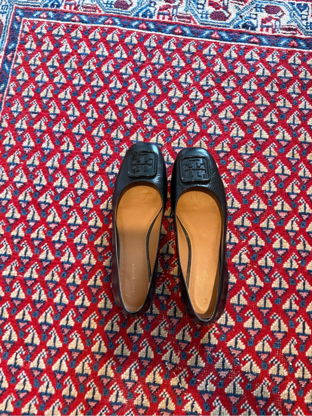 Tory Burch Georgia Black Leather Logo Square-Toe Ballet Flats
